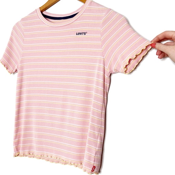Levi's Pink White Yellow Stripe Ribbed Lettuce Trim T Shirt Top Juniors - Picture 3 of 16